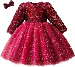 Hot Sales Long Sleeve Girls Party Dress Custom Printing Sequin Princess Dress for Girl