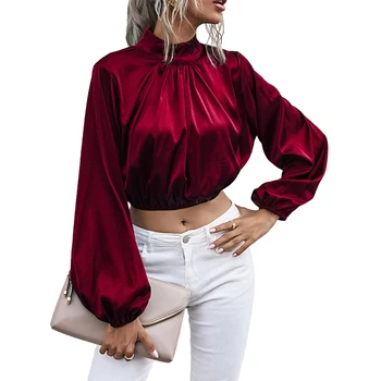 Fashion Women Clothing Satin Blouse Red Short Top