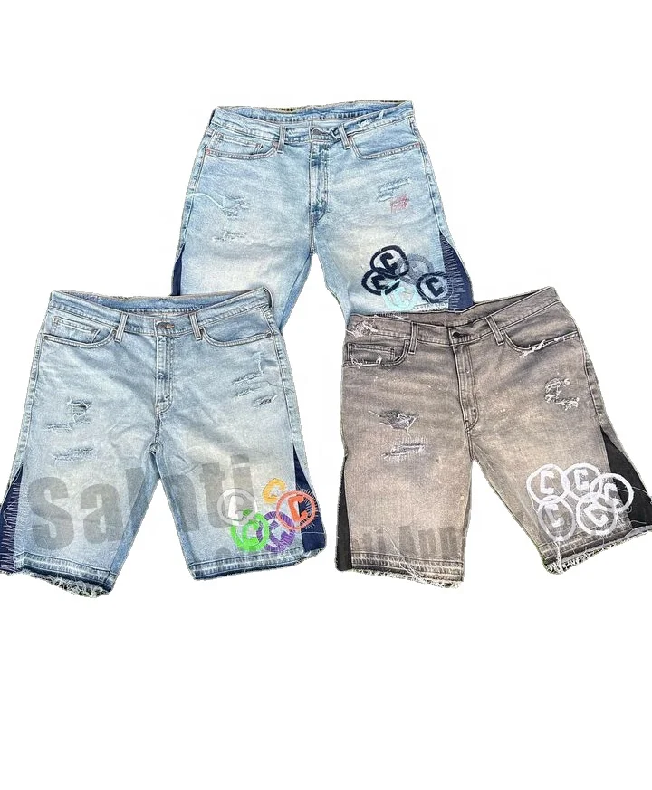 Custom New Designer Denim Shorts Trousers Printed Cotton Raw Hem Pantalones De Hombre Slim Skinny Jeans Men gallery 2