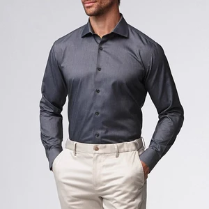 Men Shirt 100% Cotton Casual Long-Sleeve Gray Shirt Formal Single-Breasted Slim-Fit Professional Wear Business Minimalist Shirt