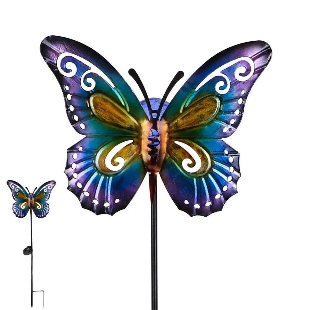 Metal Butterfly Solar Light  Stake Outdoor  Crackle Ball Light Stake Multi color