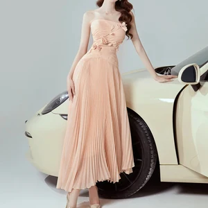 ZYHT 73556 OEM ODM Chiffon Asymmetric Hem Pleats Full Skirt 3D Flower Strapless Maxi Evening Party Dress
