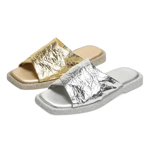 Women's Comfortable Lightweight Open Toe Flats Gold & Silver Metallic Crisscross Slide Sandals Glitter Sole Fashionable Trend