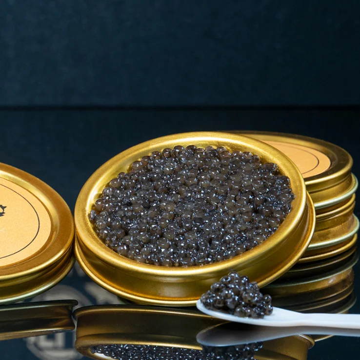 Wholesale metal 50g gold round empty caviar tin box spoon custom caviar tins can for caviar packing with tin lid factory