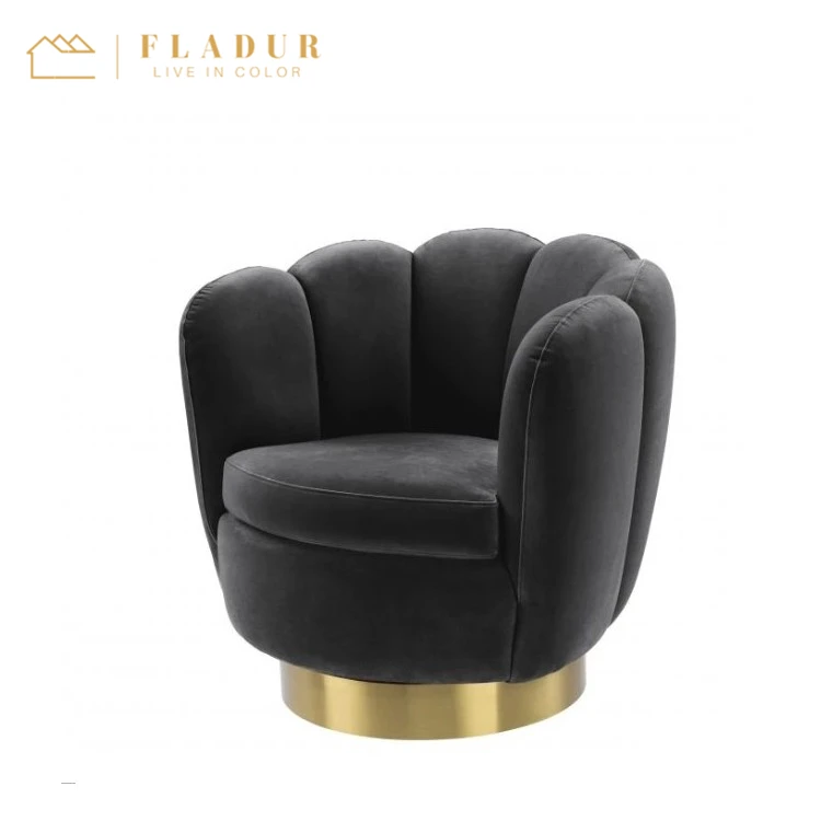 Blush Scalloped Swivel Modern Gold Base Armchair Velvet Single Sofa Chair for Living Room Club Bedroom