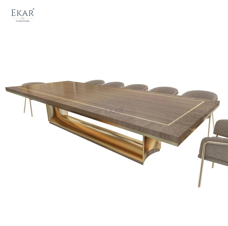 New design long table sets Stainless Steel Titanium Gold and Walnut Dining Table - A Fusion of Elegance and Modern Design