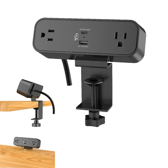 Mountable  Desktop Power Outlet Clamp Mount with USBC PD65W Desk Clamp Power Strip