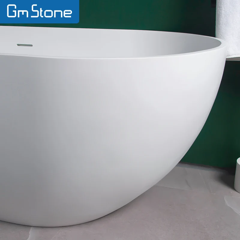 GM Luxury 1.5m White Oval Resin Artificial Stone Freestanding Bathtub Modern Romantic Design with Overflow for Hotel Soaking