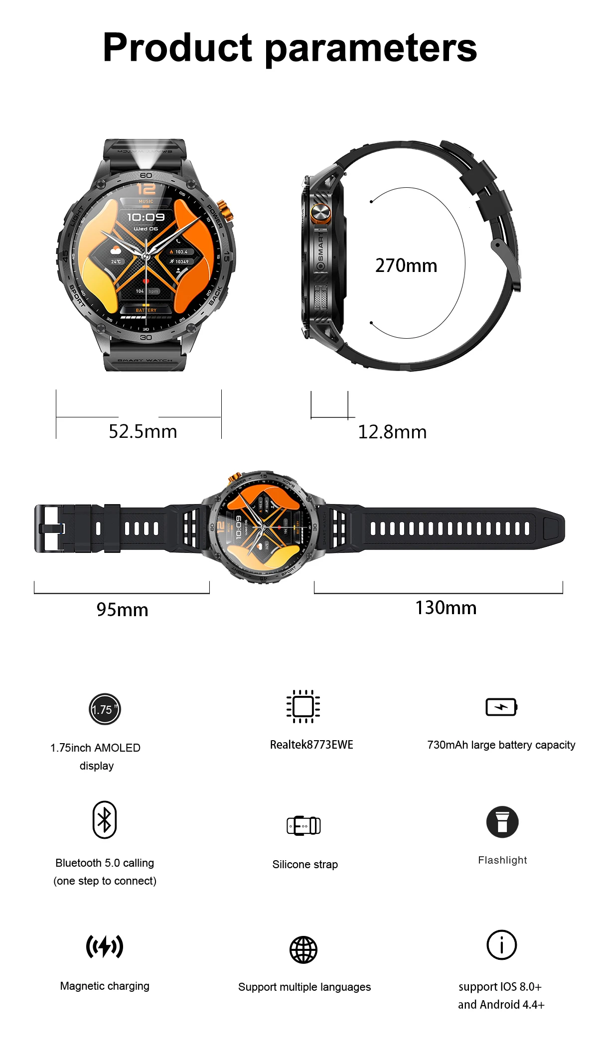 2026 K69 Smartwatch Men 1.75inch Amoled Screen 730mAh BT Call Health Monitoring Sport Fitness Smart Watch With Flashlight