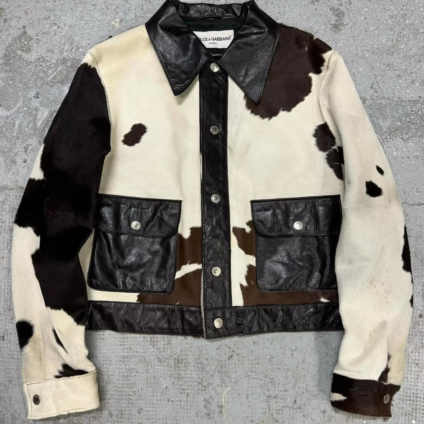 Custom Luxury Button Animal Fur Cowhide Cow Print Cropped Vintage Streetwear Motocross Motocross Bomber Leather Jacket for Men