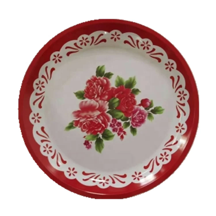 High Quality Tableware Iron Metal Printed Flower Round Tray Dinner Plate