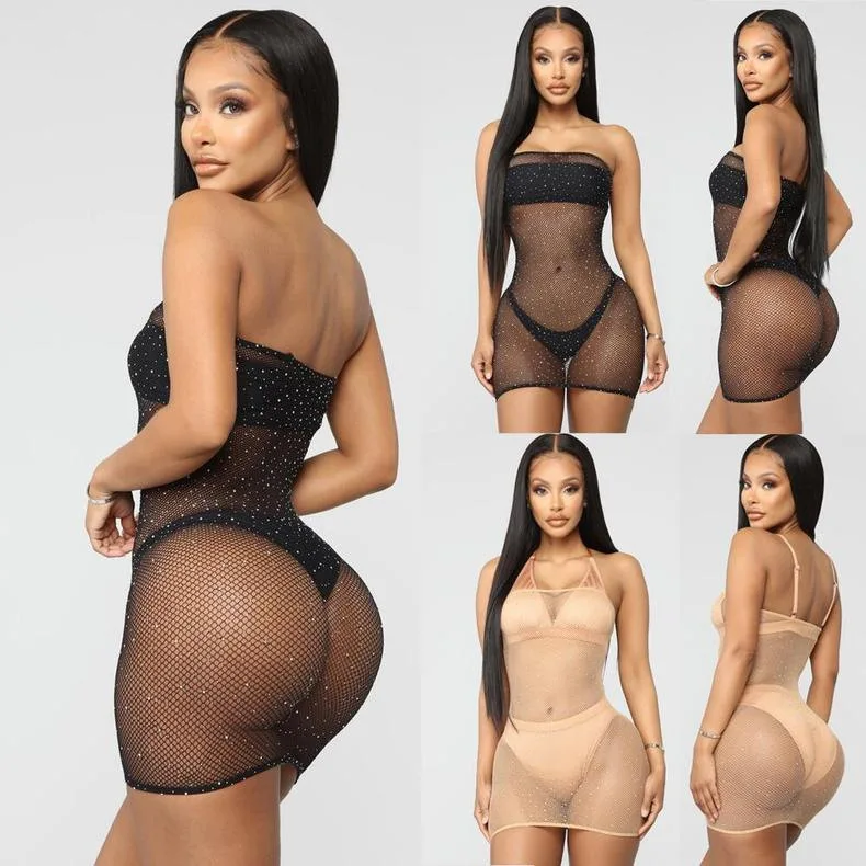 The New Wrapped Breast Rhinestone Jumpsuit Girls Sexy Appeal Underwear 4 Colors Hollow Hot Drilling Shiny Lingerie Women