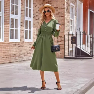 Long Sleeve  Green Dresses Women Lady Elegant Frock Casual for Formal Occasions M Size Pleated Vestido Autumn