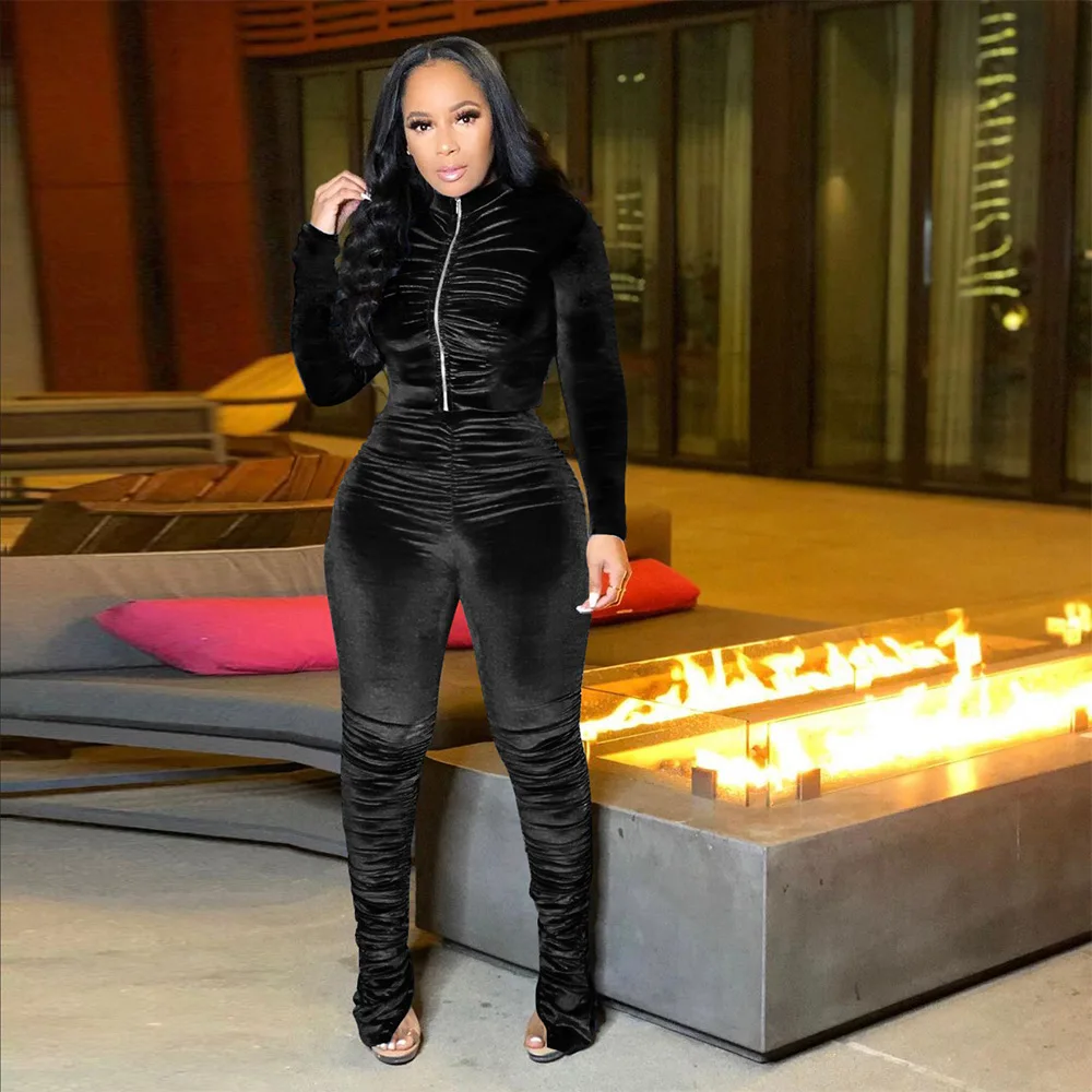 2025 Fall Winter Women Solid Color Long Sleeve Joggers Pants 2 Piece Set Women Velour Velvet Tracksuit Sweatsuit