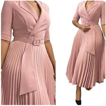 2025 autumn and winter new OL fashion suit collar pleated waist large size African dress