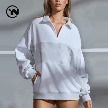 Women Trendy High Quality Drop Shoulder French Terry Oversized Hoodies Half Zip Pullover Sweatshirt