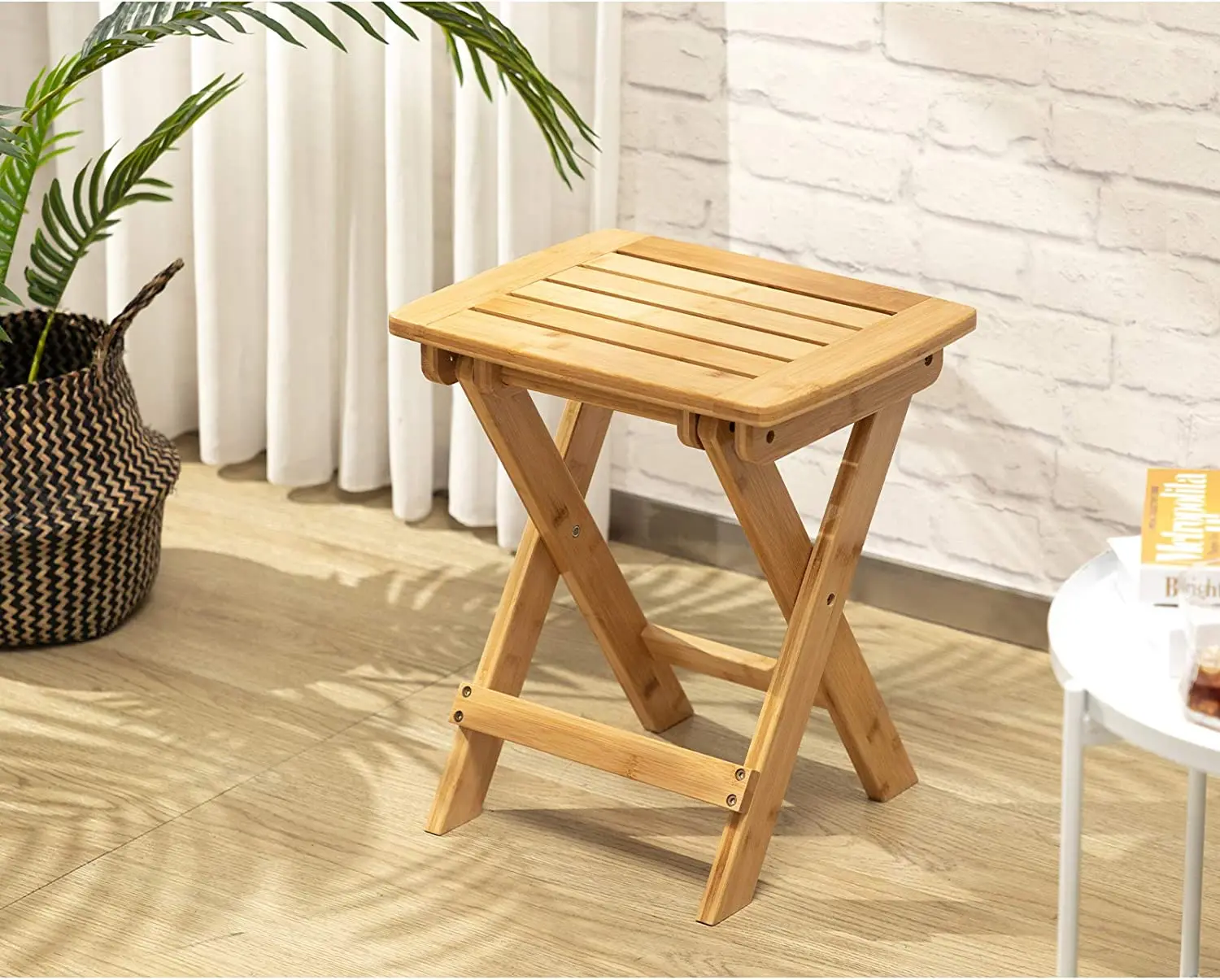 product modern bamboo folding stool natural shower bench foot rest for seating for home and living room furniture-3