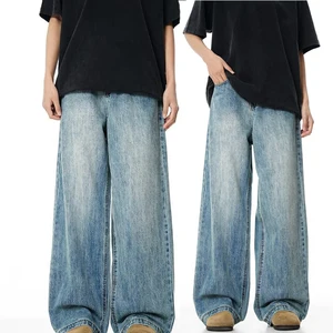 Men's American Vintage Straight Leg Washed Denim Pants Fashion High Street Casual Wear