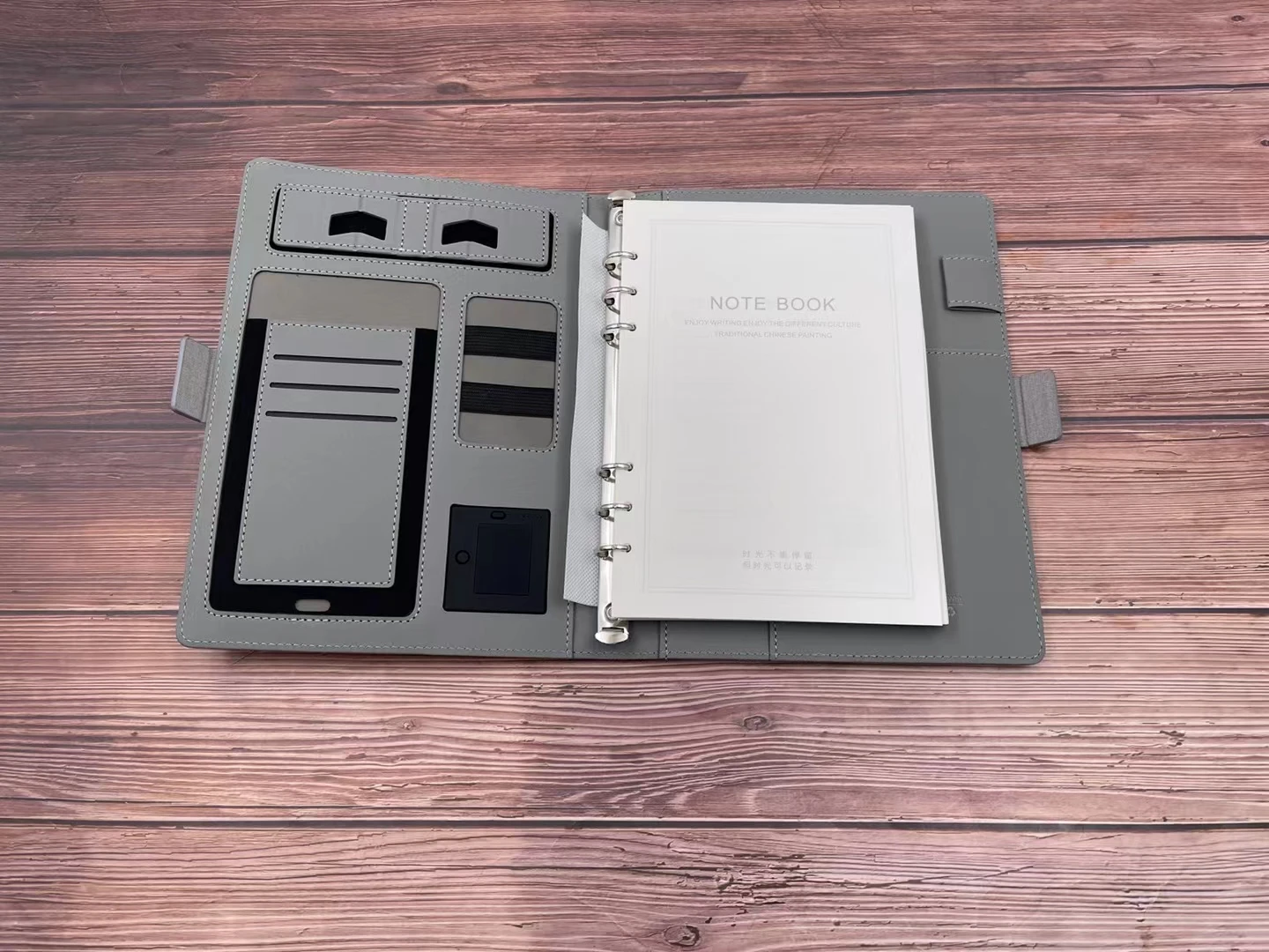 Customized Multi Function Luxury Power Bank A5 Diary Note Book Office Business Black Usb Charge Notebook With Phone Holder