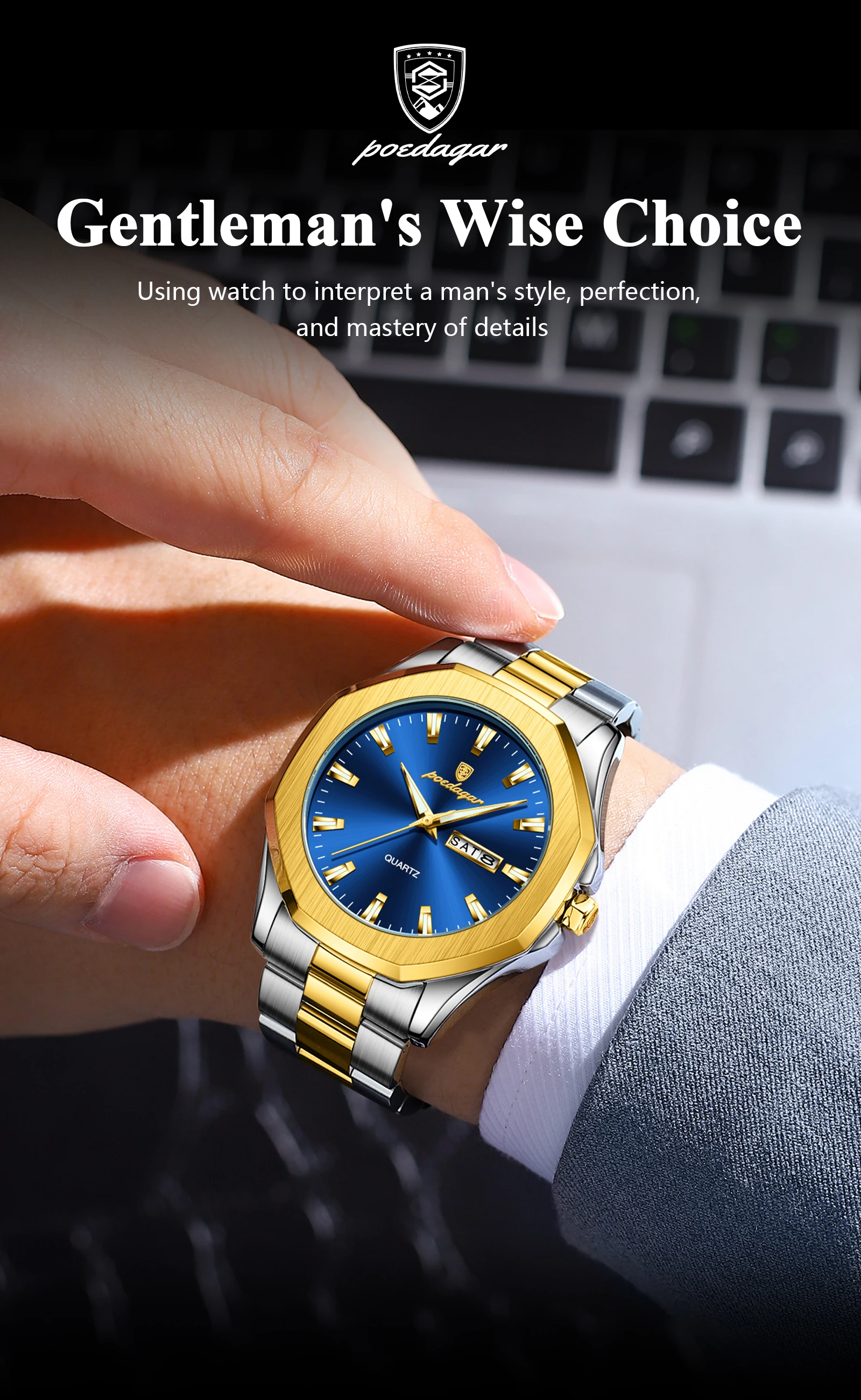 POEDAGAR 875 Men Waterproof Luminous Hands Watch Sport Stainless Steel Wristwatch Original Quartz Men's Dual Calendar Watches
