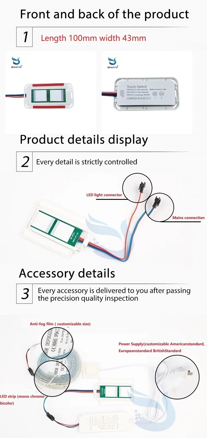 New double key 12v smart mirror dimmer led light capacitive sensor touch light switch with Bathroom anti fog manufacture