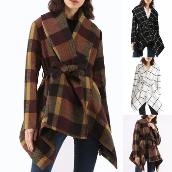 Hot Sale Women Winter Warm Plaid Coats Turn Down Shawl Collar Asymmetric Hem Jacket Earth Tone Check Thin Wrap Wool Blend Coat