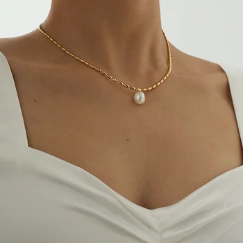 Oval Beads Chain Natural Freshwater Pearl Necklace Beaded 18K Gold Plated Necklaces French Elegant Minimalist Jewelry Women 2021