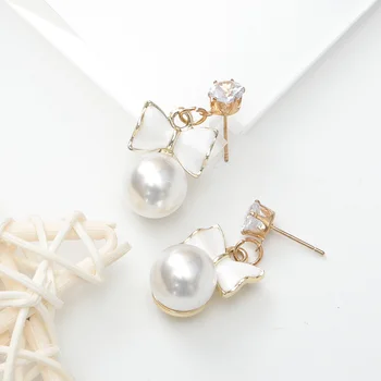 Factory Newest Women Girl Party Jewelry Gift Bow Pearl Gold Pendant Earrings Alloy Crystal Rhinestone Crown Earrings