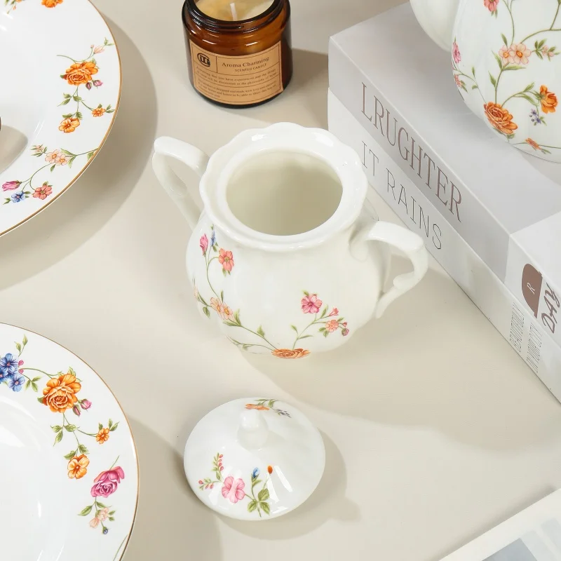 product wholesale ceramic flower prints cup and saucer set elegant tea pot set restaurant personalized decal tableware set-4