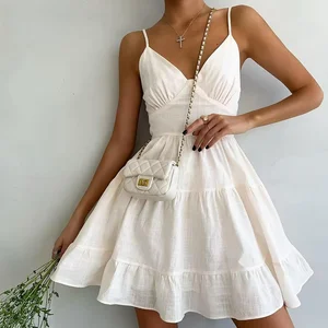 Stylish 2026 Summer Beige Mini Dress New Design Deep V Neckline Sleeveless Tiered Woven Solid Spaghetti Straps Casual Mini Dress