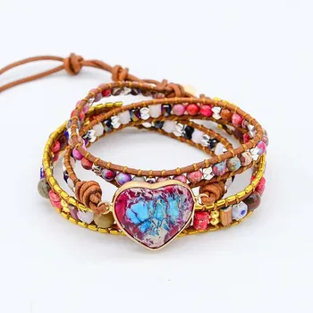 Poya Heart Shaped Natural Stone Multicolored Beaded Leather Woven Multi Layer Winding Friendship Bracelet