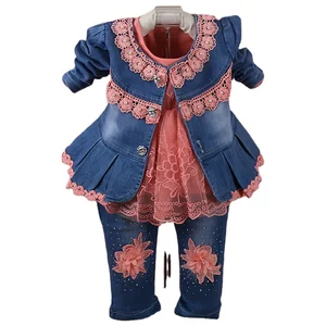 2019 New Design Boutique Fashionable Lace Flower Denim Three Pieces Set Kids Clothing Wholesale Kids Clothing in Hot Selling