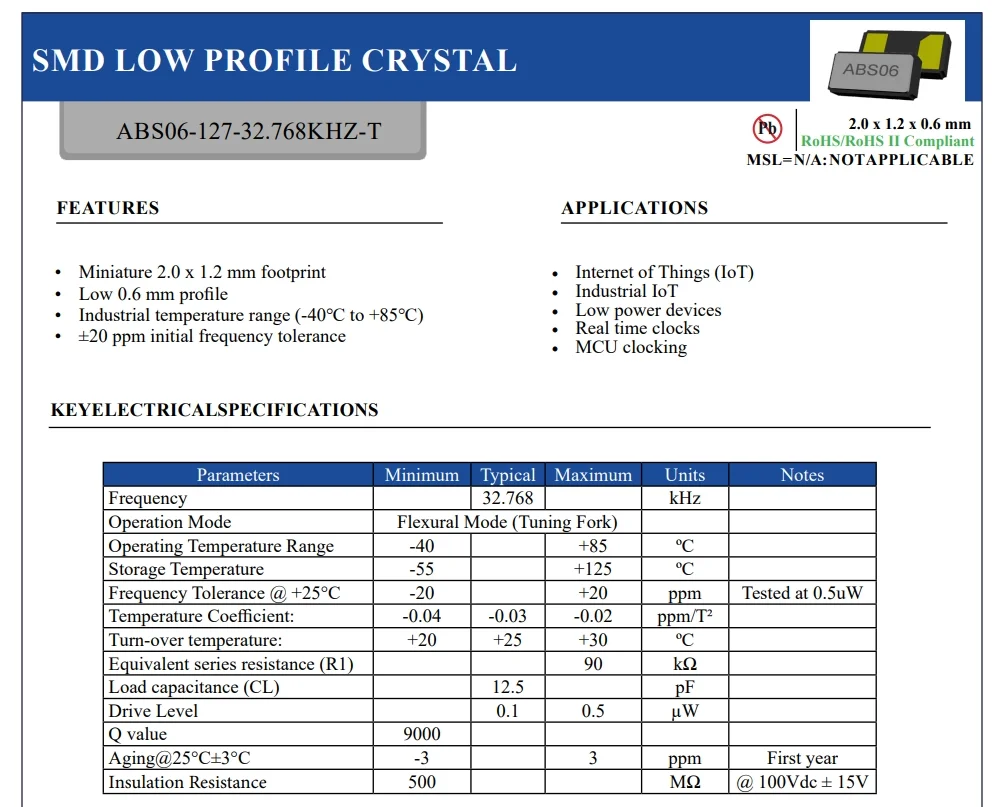 Hot sale original ABS06-127-32.768KHZ-T CRYSTAL 32.7680KHZ 12.5PF SMD 32.768 kHz 20ppm Crystal 12.5pF 90 kOhms 2-SMD