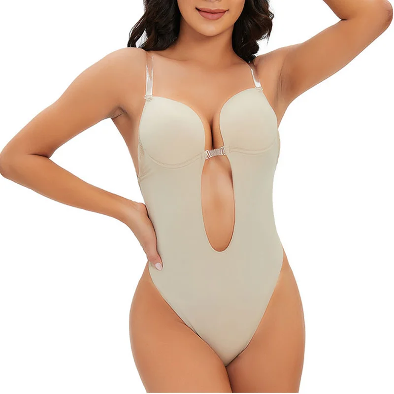 Bodysuit Shapewear Deep V-Neck Body Shaper Backless U Plunge Thong Shapers  Waist Trainer Women Clear Strap Padded Push Up Corset