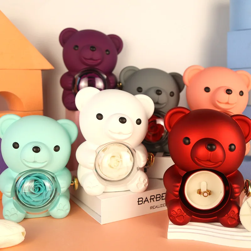 Custom Teddy Bear Gift Rotating Flower Preserved Rose in Acrylic Cute Bear Jewelry Boxes for Necklace Ring