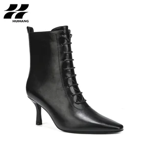 Women's PU Leather Pointed Square Stiletto Lace-up High Top Ankle Boots Fall/Winter Party Evening Trendy Footwear Side Zipper