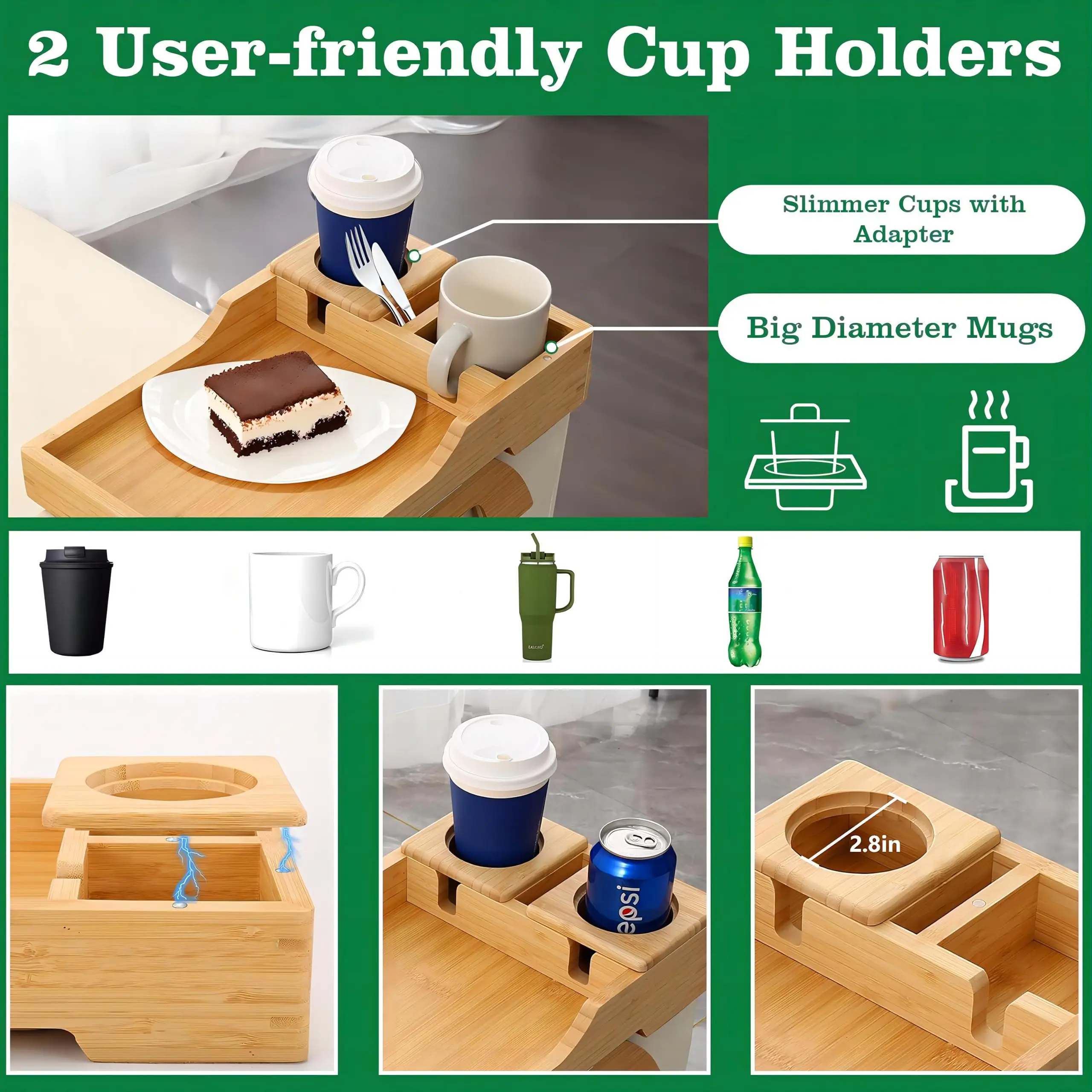 Couch Arm Tray, Multi-Function Folding Sofa Armrest Tray with 360°Rotating Phone&Pad Bracket, TV Tray for Eating and Beverage