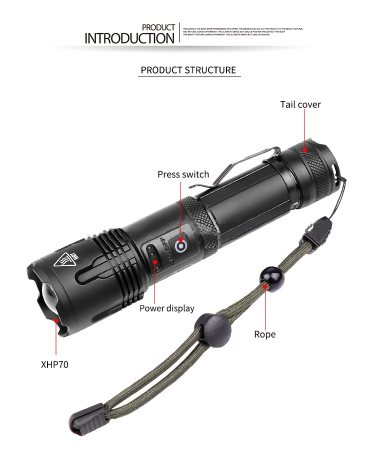 Powerful Waterproof Zoomable Rechargeable XHP70 LED Emergency 5 Modes Power display Tactical  Flashlight Torch Self Defensive manufacture