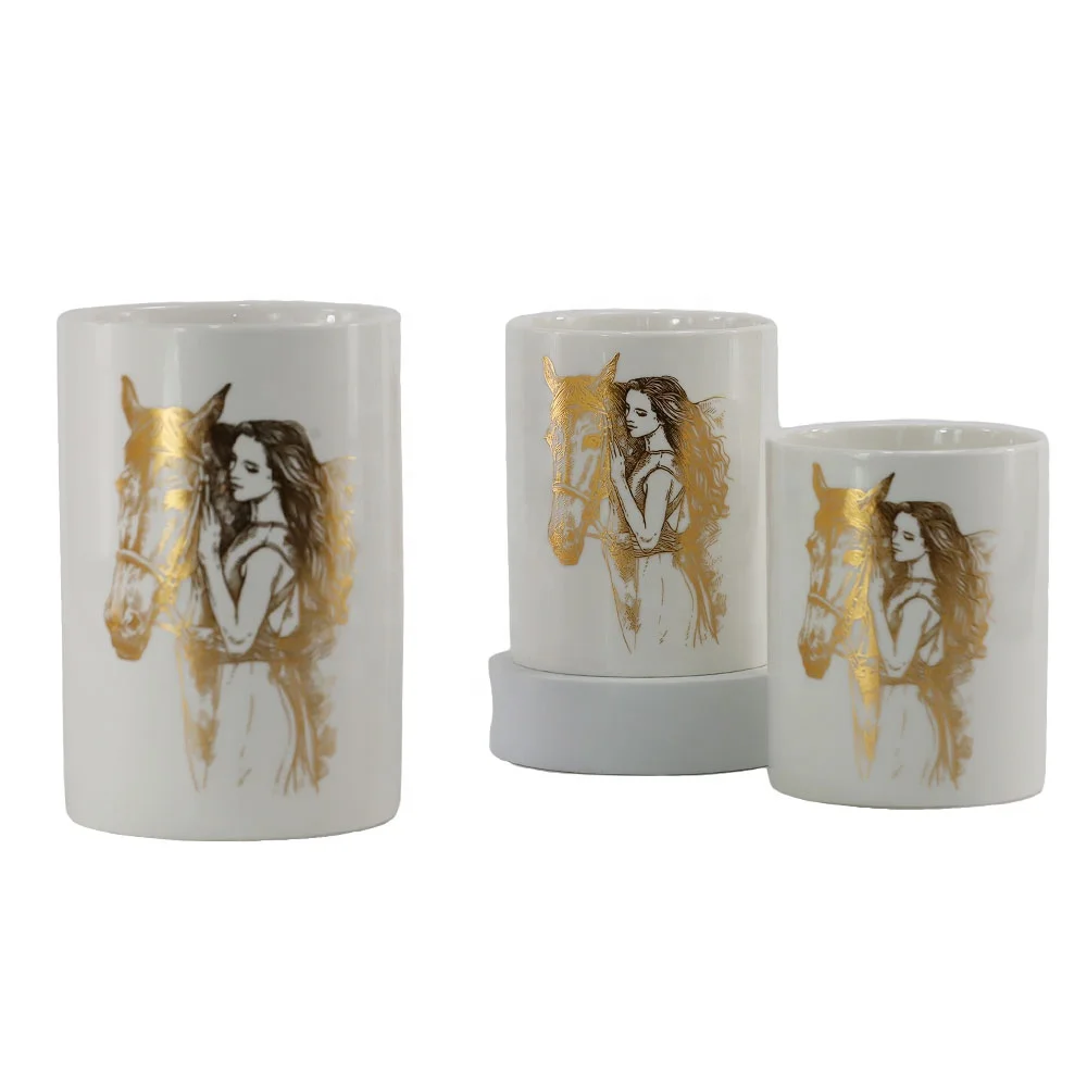 horse and girl pattern white ceramic candle jars empty candle bowls candle jar spout with lid and boxes supplier