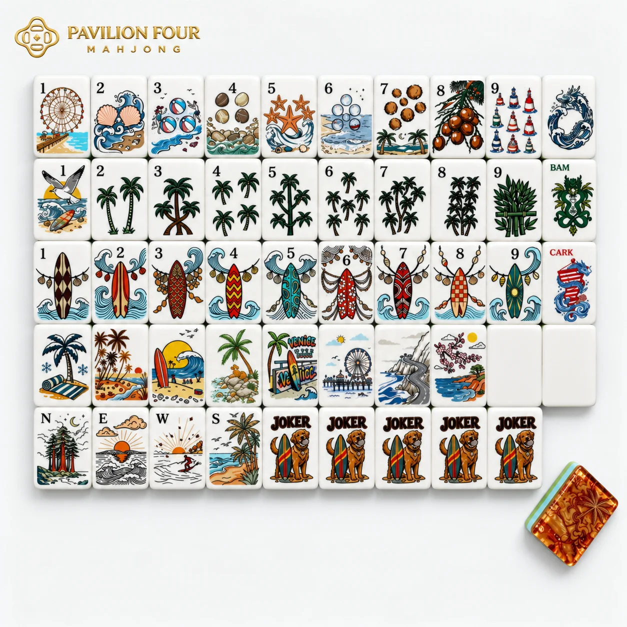 Custom Surf Beach American Mahjong Set,160Pcs White Acrylic Mahjong Tiles,Tropical California Bulldog Joker Game Set Wholesale