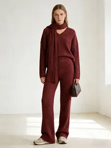 Fashion Casual Knitted 2 Piece Set Women Autumn Winter Long Sleeve V-Neck Loose Top High Waist Straight Pants Thickened Suit