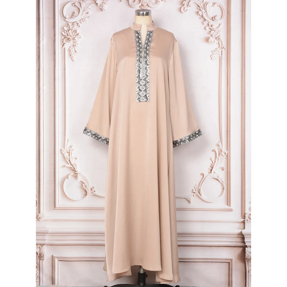chinese dress ladies Dark Red Long Sleeve Gown Dresses Embellished Neckline Muslim Caftan D –  Sultan Dress main image 0