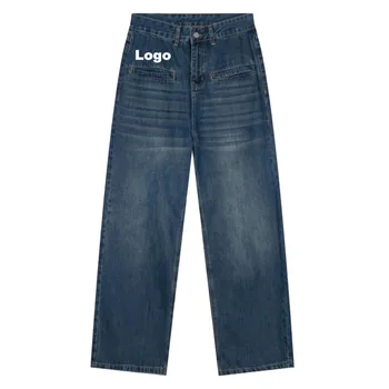 Factory Supply Custom 100% Cotton Denim Jeans Washed Straight Wide Leg Plus Size Men Baggy Custom Jeans Pants For Men