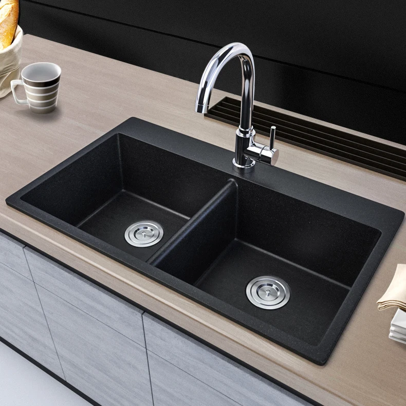 Double Bowl Solid Surface Quartz Composite Granite Modern Matt Black Undermount Farmer  Kitchen Sink