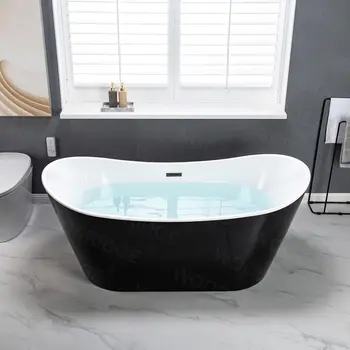 Acrylic Freestanding Bathtub Contemporary Soaking Tub with Matte Black Overflow and Drain Black