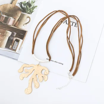 Two Tone Irregular Alloy Pendant Long Brown Leather Necklace for Women Wedding Fashion Jewelry