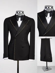 High Quality Plus Size Double Breasted Men's Business Suits with Rhinestone Embroidery Formal Jacket Pants Set for Wedding Party