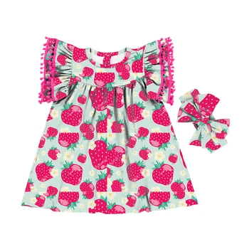 Lovely pom flutter sleeve strawberry dresses for girls twirl party summer dress for gir boutique baby dress girl fit 0-6 years