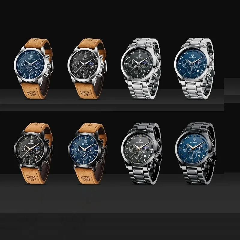 BY BENYAR Orologio Cronografo Uomo – Cinturino In Pelle Blu, Quadrante Dorato, Impermeabile 30M – Regalo Con Garanzia