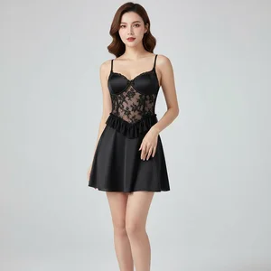 Women's Sexy Elegant Vacation Fashion V-neck Floral Lace Nylon Nightgown Smooth Soft Breathable Quick Dry Sleeveless Front